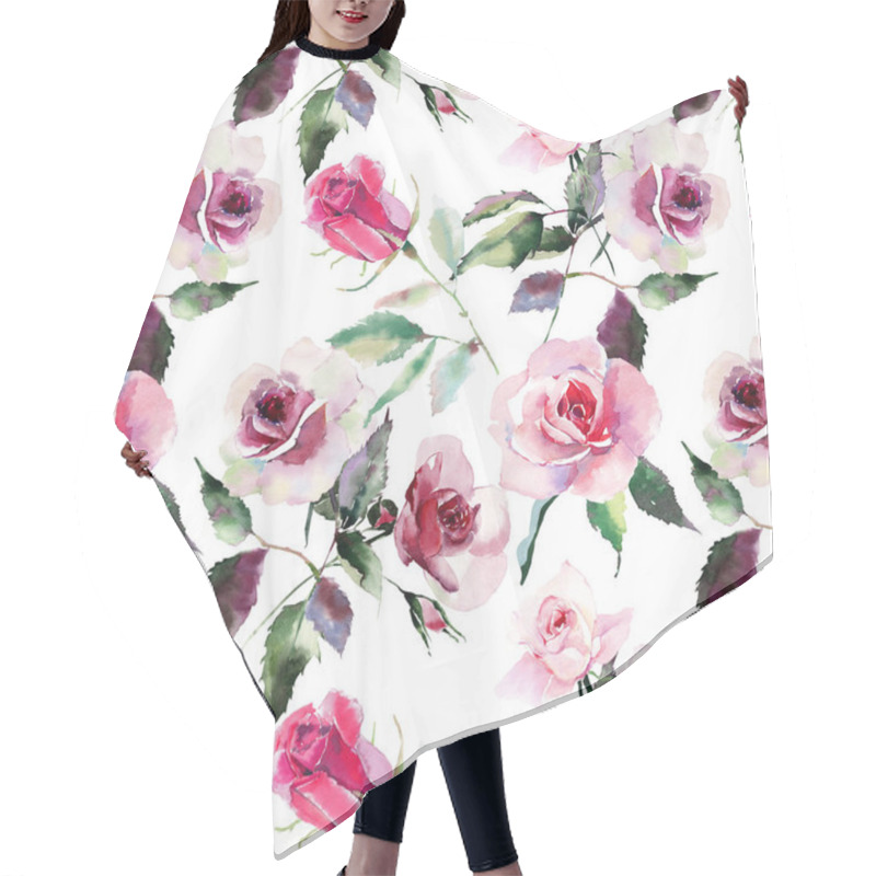 Personality  Tender Gentle Sophisticated Wonderful Lovely Cute Spring Floral Herbal Botanical Red Powdery Pink Violet Roses With Green Leaves Pattern Watercolor Hand Sketch. Perfect For Textile Hair Cutting Cape