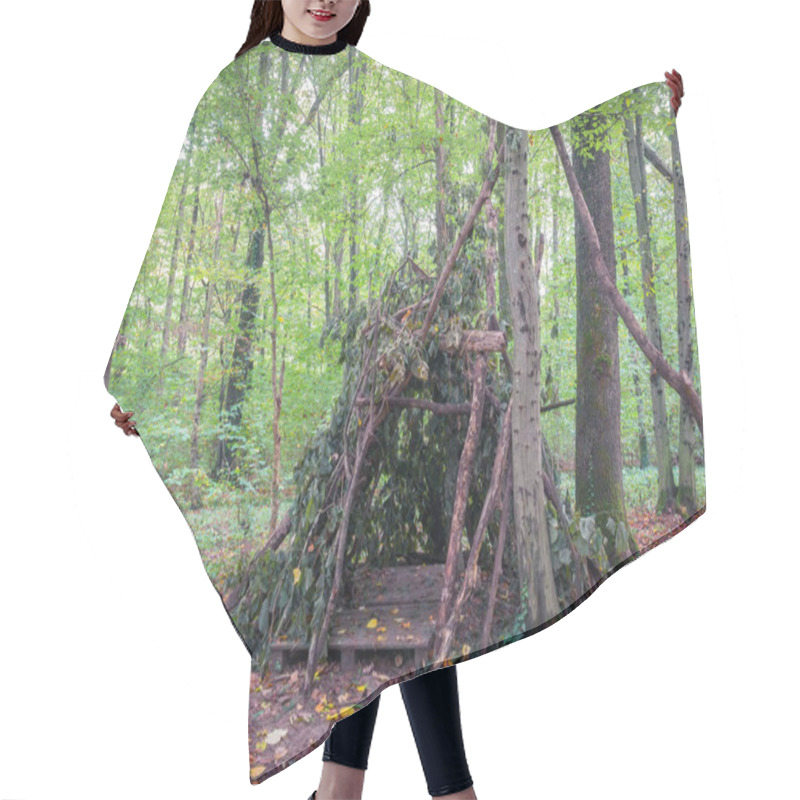 Personality  Survival Shelter In The Woods From Tree Branches. Cone Or Pyramid Shape Shelter. Hair Cutting Cape