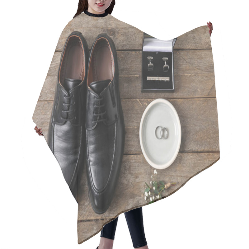 Personality  Tray With Wedding Rings, Groom Shoes And Stylish Male Accessories On Wooden Background Hair Cutting Cape