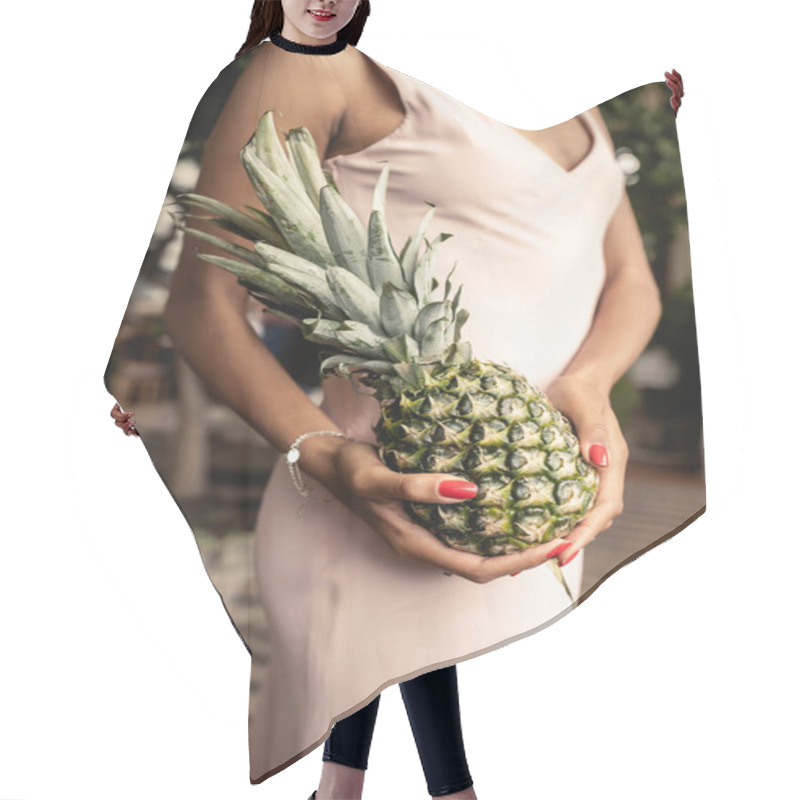 Personality  Cropped View Of Blurred Young African American Woman In Summer Dress Holding Fresh Pineapple And Standing In Blurred Orangery, Stylish Woman Wearing Summer Outfit Surrounded By Tropical Foliage Hair Cutting Cape