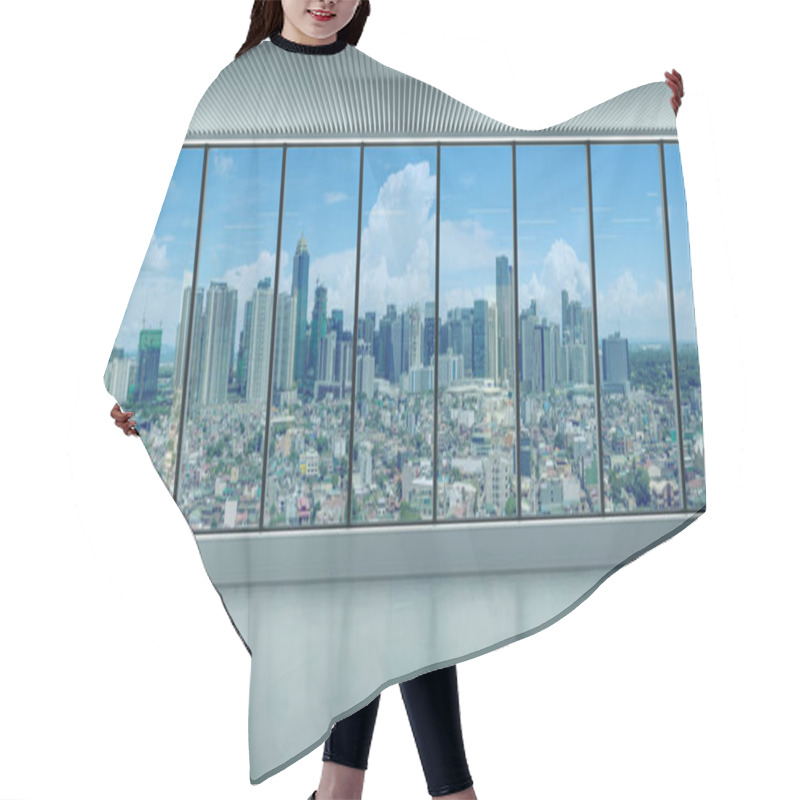 Personality  Views Of Metro Manila From Interior Of Office Skyscraper. A Modern Panoramic Window. Interior Concept. Architectural Background. Hair Cutting Cape