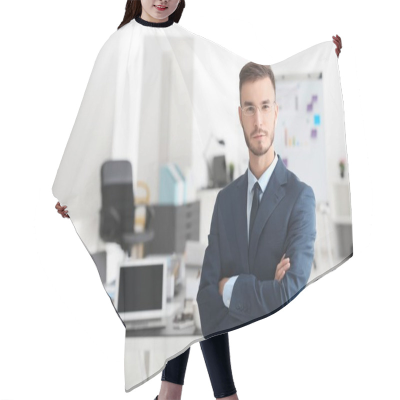 Personality  Young Handsome Man In Office Hair Cutting Cape