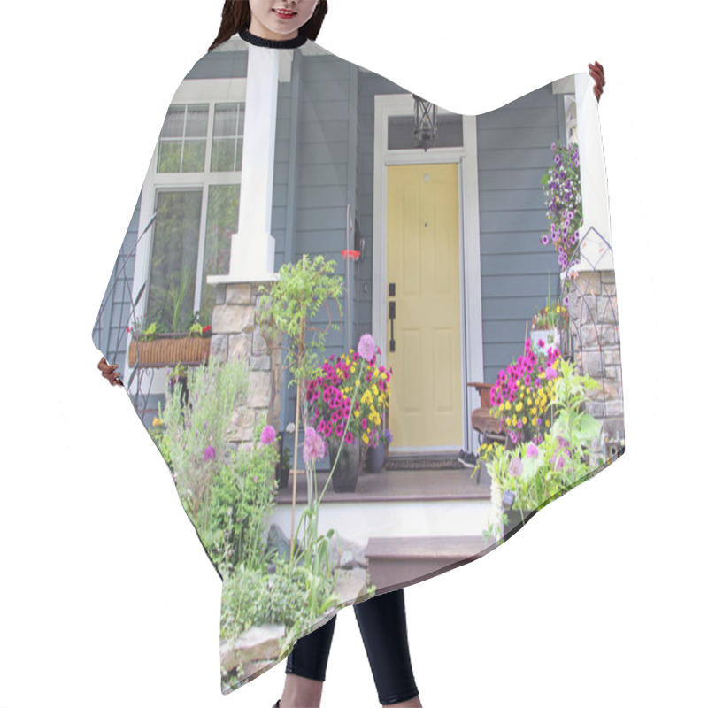 Personality  Yellow Front Door Of A Small House In The Suburbs Of Canada. Attractive And Colorful Front Porch Surrounded By Perennial And Annual Flowers In Summer.  Hair Cutting Cape