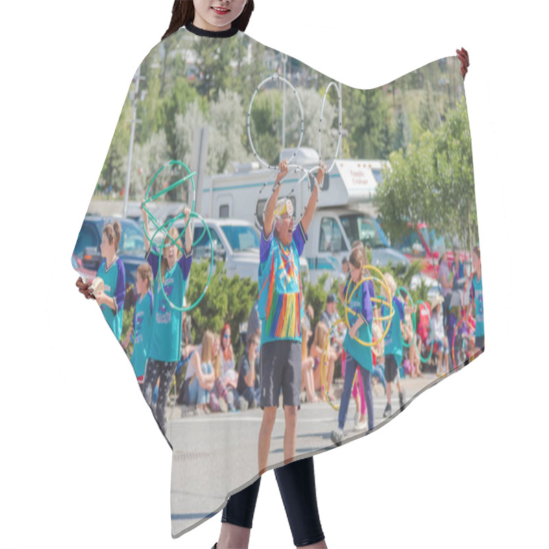 Personality  Williams Lake, British Columbia/Canada - July 2, 2016: First Nations Elder Leads Children In The Performance Of A Traditional Hoop Dance At The Annual Stampede Parade In Downtown Williams Lake. Hair Cutting Cape