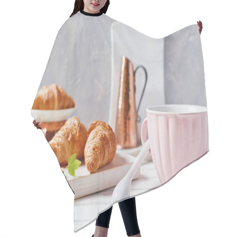 Personality  Fresh Croissants, Cup Of Tea And White Currants On White Background. Hair Cutting Cape