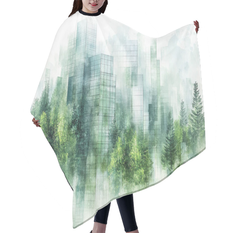 Personality  Exemplifying The ESG Environmental, Social, Governance Concept, A Corporate Glass Building Reflects Green Trees. Sustainability Into Business Practice Watercolor And Grid Line Vector Illustration. Hair Cutting Cape