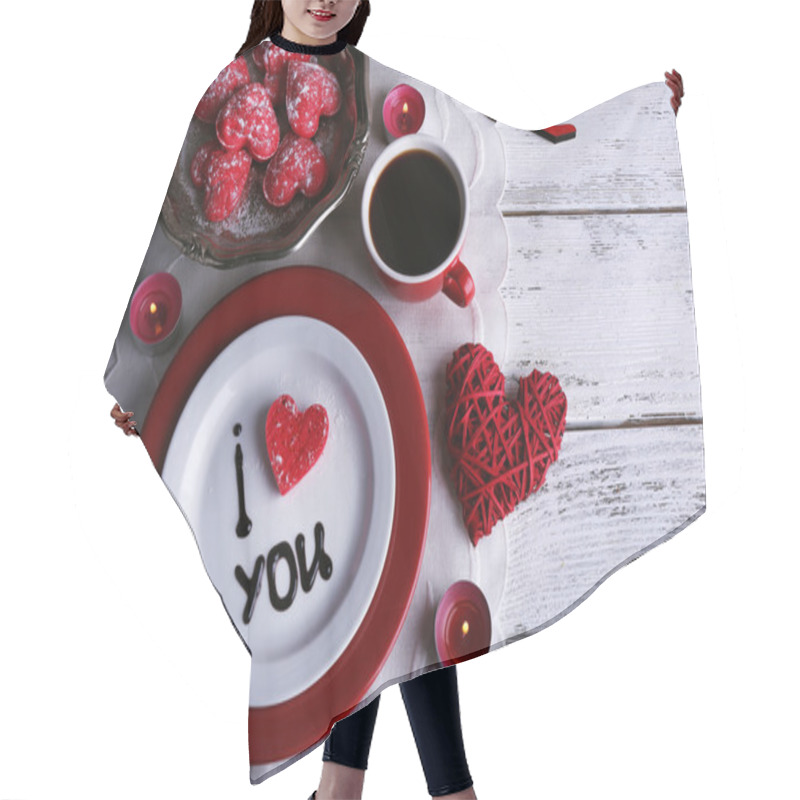 Personality  Cookie In Form Of Heart On Plate With Inscription I Love You On Color Wooden Table Background Hair Cutting Cape