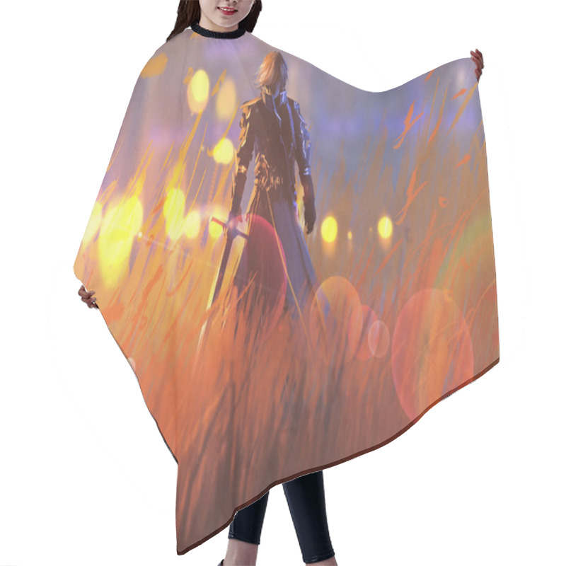 Personality  Knight Warrior Standing With Sword In Field Hair Cutting Cape