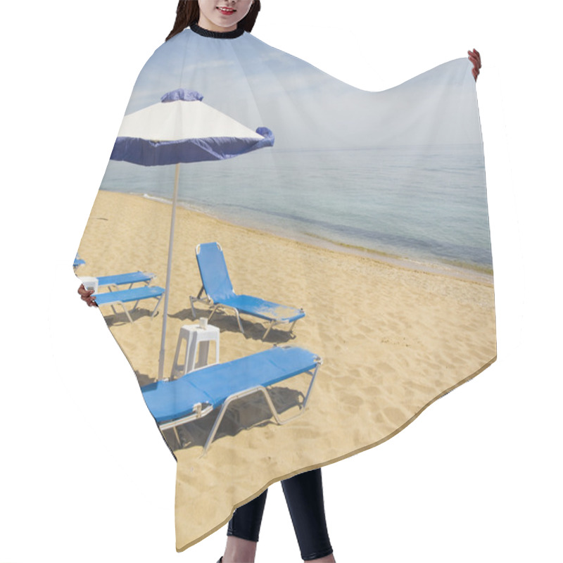 Personality  Blue-white Beach Umbrellas And Chaise Lounges Hair Cutting Cape