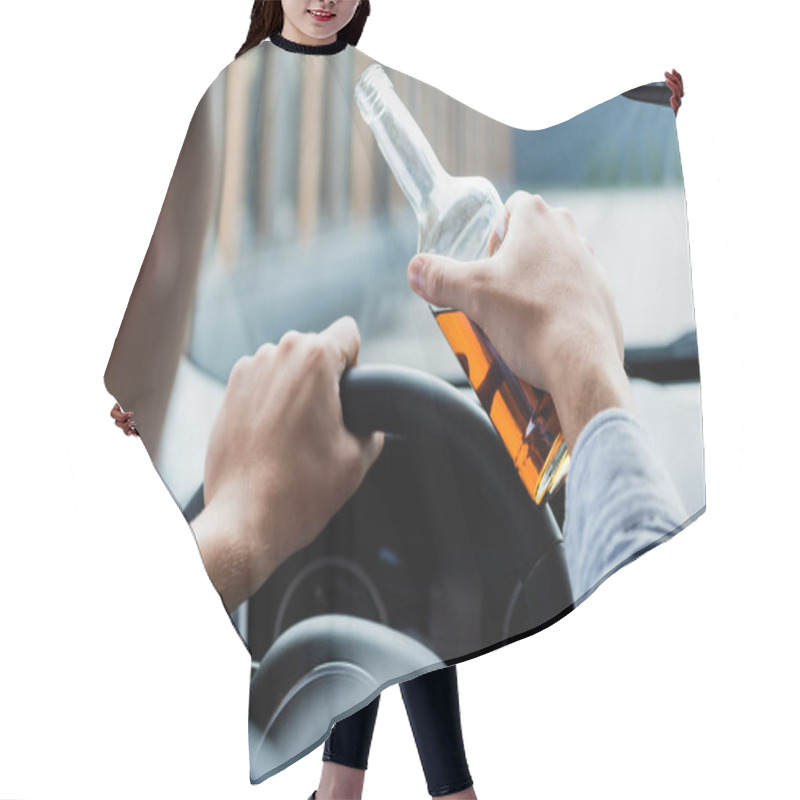 Personality  Partial View Of Man Driving Car While Holding Bottle Of Whiskey, Blurred Foreground Hair Cutting Cape