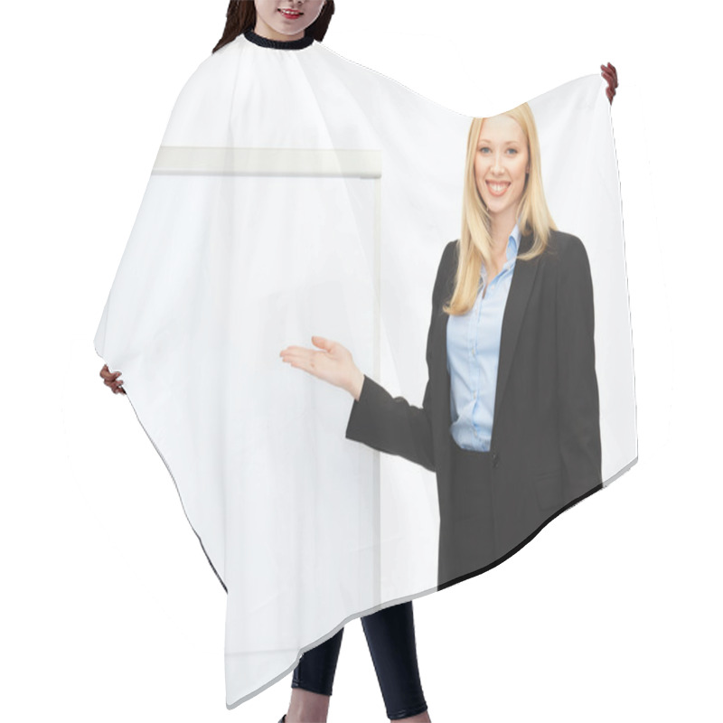 Personality  Businesswoman With Flipchart In Office Hair Cutting Cape