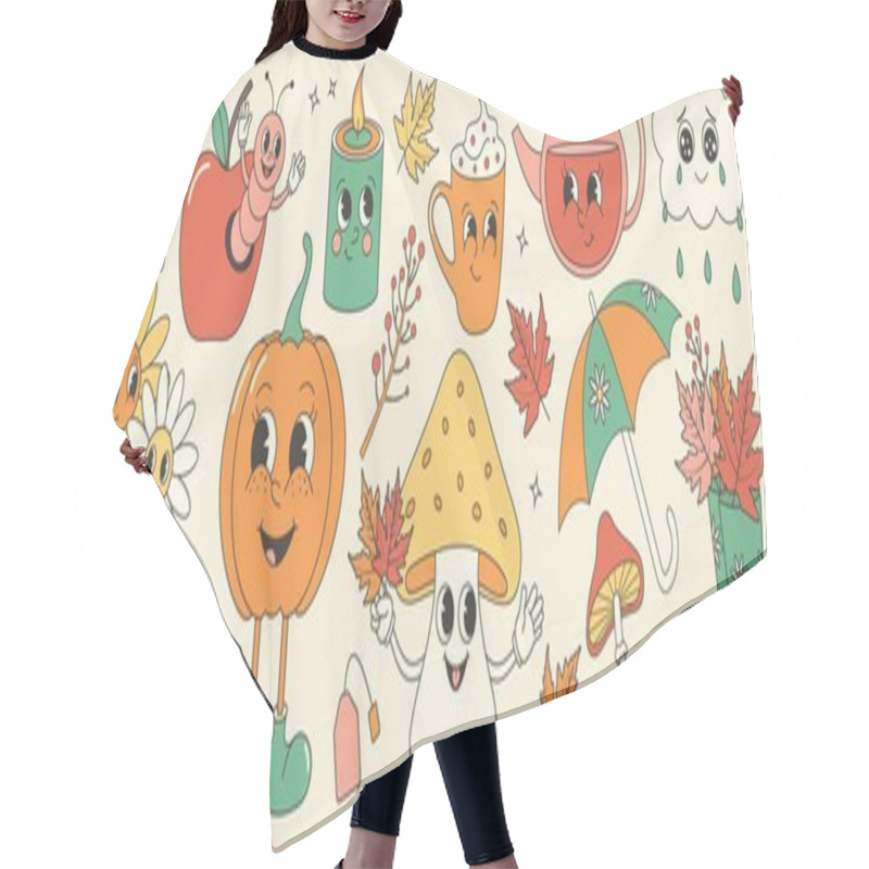 Personality  Groovy Retro Autumn Sticker Set. Trendy Retro Cartoon Style. Hair Cutting Cape