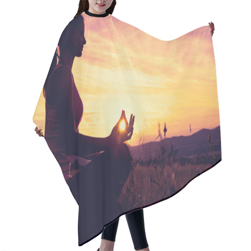 Personality  Young Athletic Woman Practicing Yoga On A Meadow At Sunset, Silhouette Hair Cutting Cape