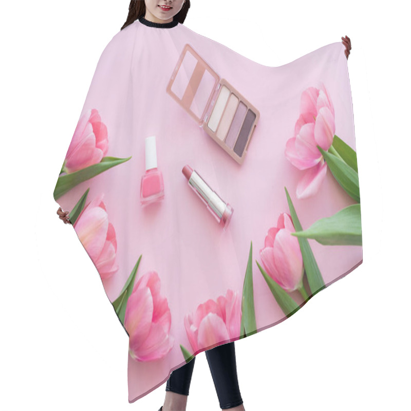 Personality  Top View Of Decorative Cosmetics Near Blooming Tulips On Pink Hair Cutting Cape