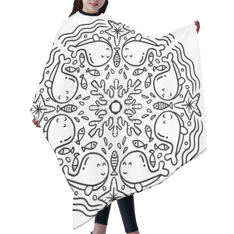 Personality  Vector Circle Of Mandala With Whale Sea Animals Ornament Pattern. Hair Cutting Cape