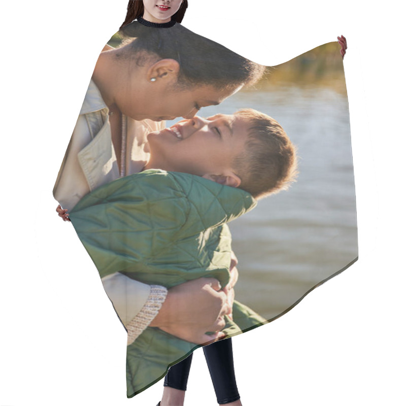 Personality  Motherly Love, Happy Boy Hugging Mother Near Lake, African American Family, Fall Season, Autumn Hair Cutting Cape