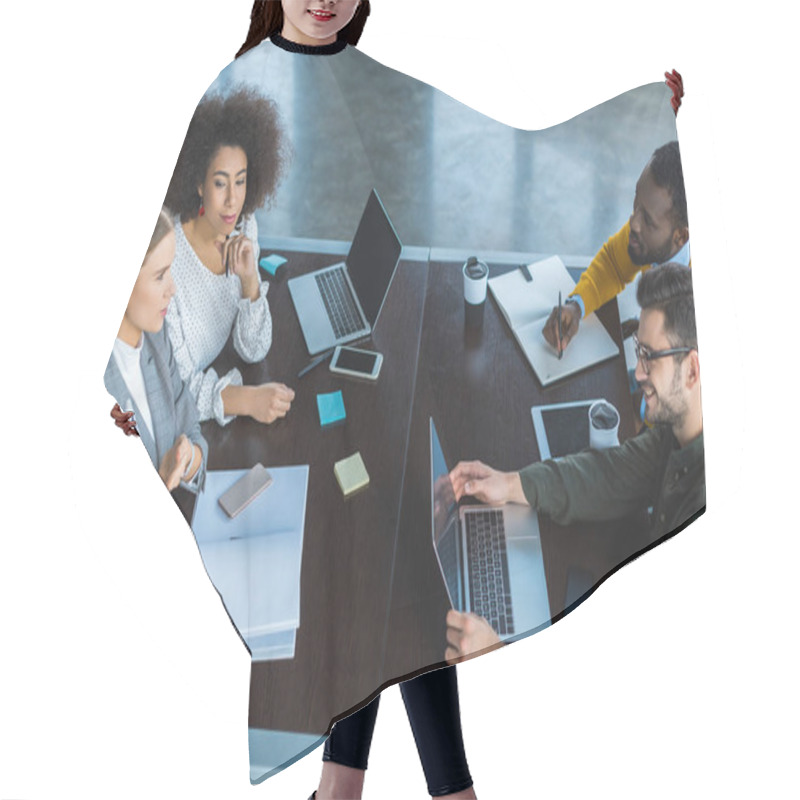 Personality  High Angle View Of Multicultural Businesspeople At Meeting In Office Hair Cutting Cape