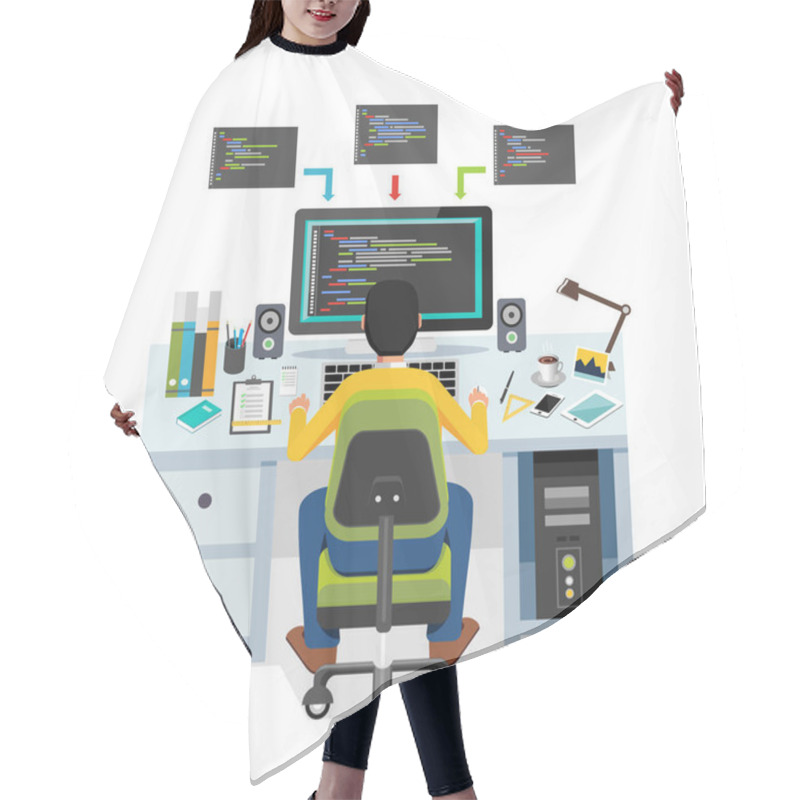 Personality  Programmer Working On Computer. Hair Cutting Cape