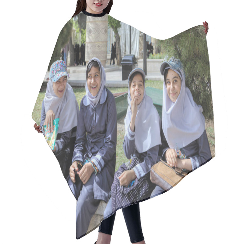 Personality  Schoolgirls Rest In Garden They Dressed In Islamic School Uniform, Shiraz, Iran. Hair Cutting Cape