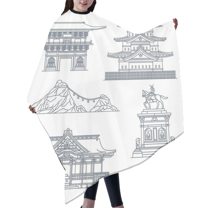 Personality  Japanese Architecture, Temples Landmarks And Japan Shrine Houses, Vector Building Icons. Japan Famous Religious Landmarks Of Tosho-ji Temple, Osaki Hachimangu Shrine And Hirosaki Castle In Aomori Hair Cutting Cape