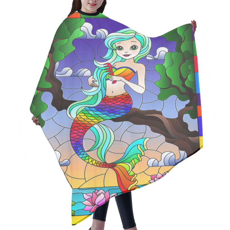 Personality  Illustration In Stained Glass Style With Cute Cartoon Mermaid ,sitting On A Tree Branch On A Background Of Water And Sky, In Bright Frame Hair Cutting Cape