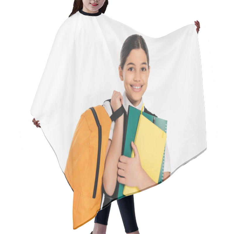 Personality  Happy Schoolgirl Standing With Notebooks In And Backpack In Hands, New School Year Concept, Student Hair Cutting Cape