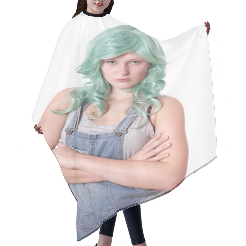 Personality  Young Woman With Green Hair Sulking Hair Cutting Cape