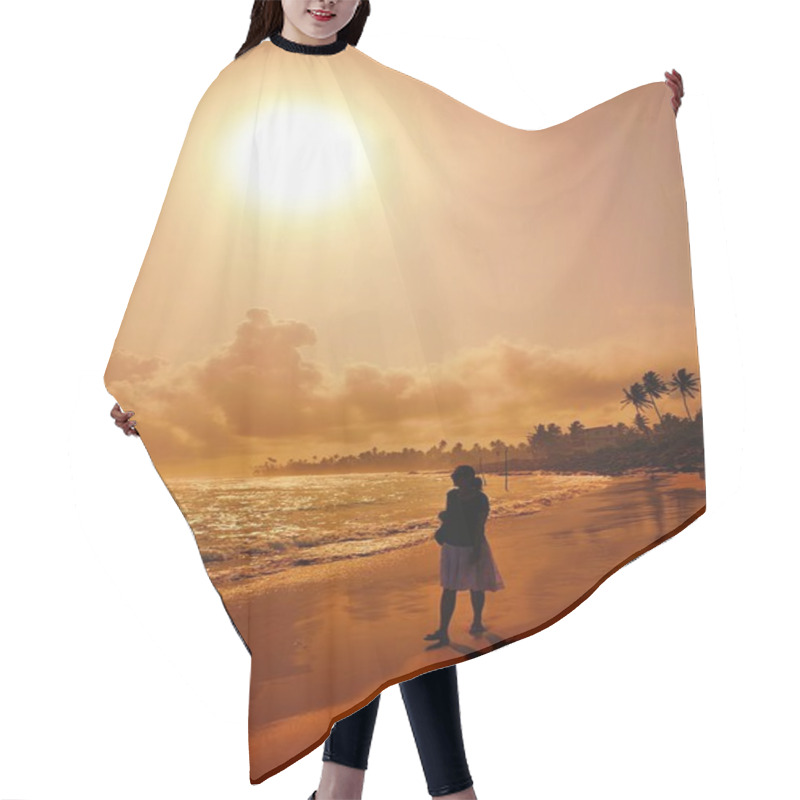 Personality  Woman On Beach At Sunset. Hair Cutting Cape