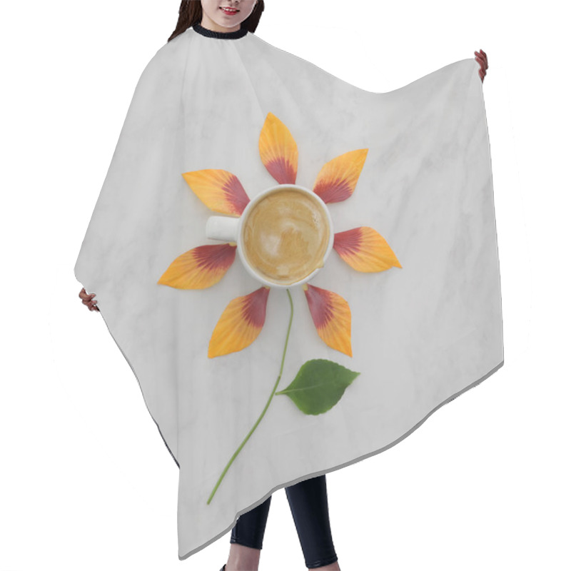 Personality  Flat Lay Of Coffee Cup With Orange Flower Petals, Leaves On Marble Background  Hair Cutting Cape