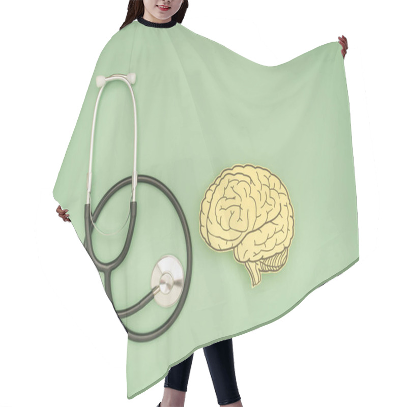 Personality  A Stethoscope And Brain Shape Made From Paper Over A Green Background. Awareness Of Alzheimer's, Parkinson's Disease, Dementia, Stroke, Seizure, Or Mental Health. Neurology And Psychology Care Hair Cutting Cape