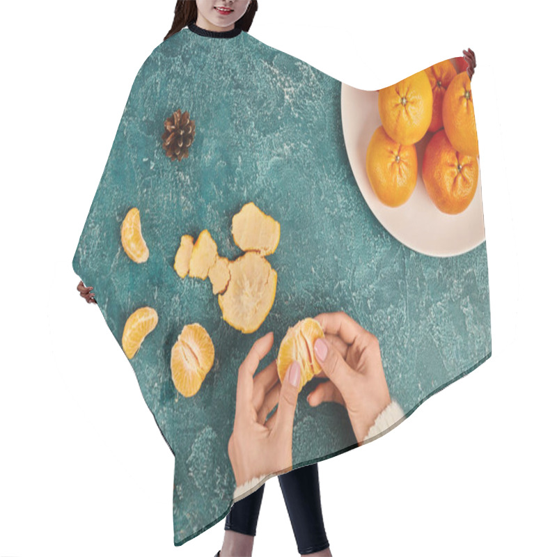 Personality  Cropped View Of Woman Peeling Juicy Tangerine Near Pine Cones Of Blue Textured Backdrop, Christmas Hair Cutting Cape