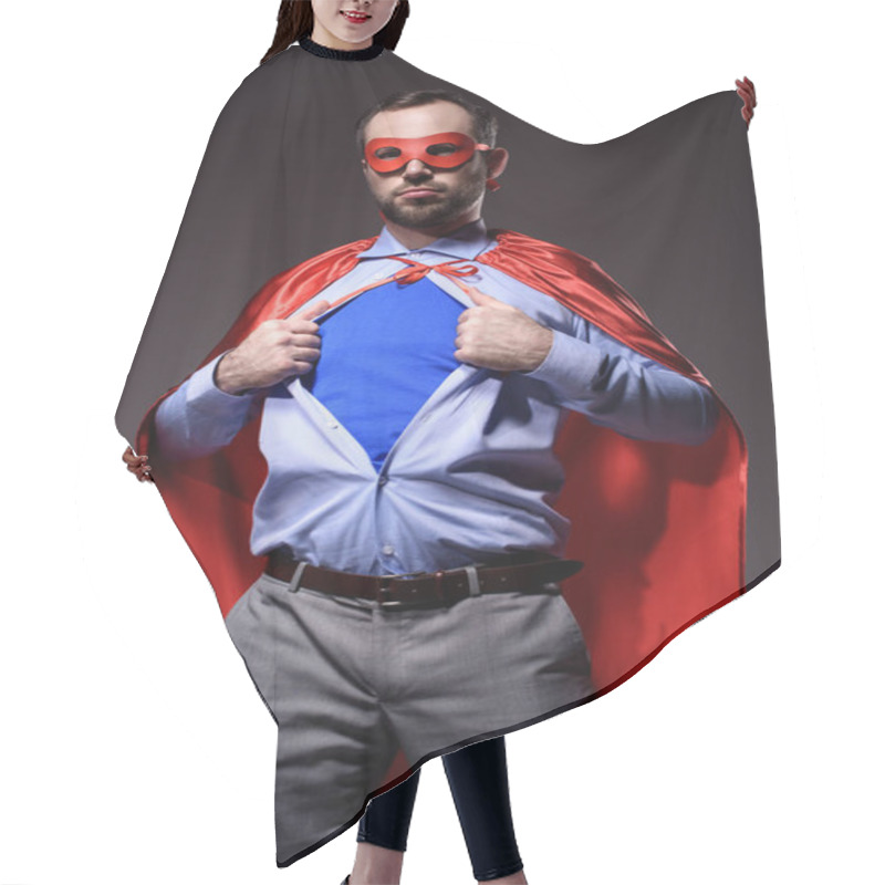 Personality  Handsome Super Businessman In Mask And Cape Showing Blue Shirt Isolated On Black Hair Cutting Cape