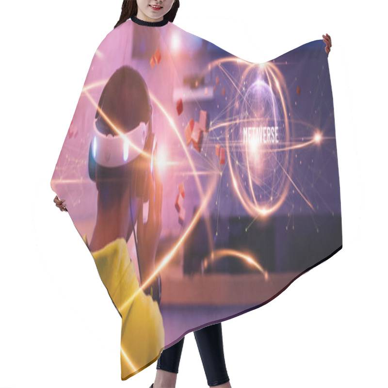 Personality  Metaverse Technology Concepts. Teenager Play VR Virtual Reality Goggle And Experiences Of Metaverse Virtual World On Colorful Background. Visualization And Simulation, 3D, AR, VR, Innovation Of Futuristic. Hair Cutting Cape