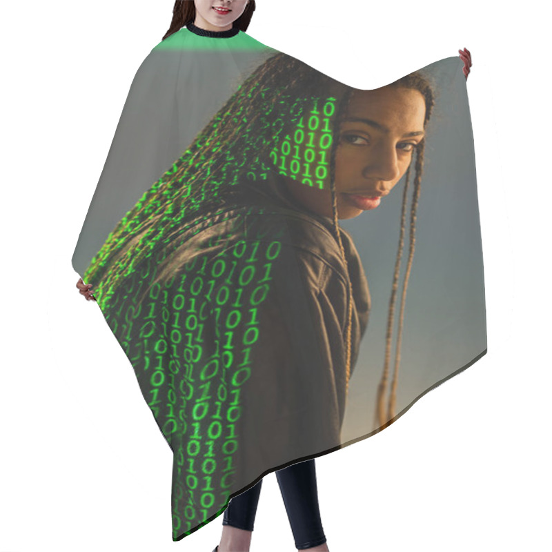 Personality  Stylish African American Woman With Projection Of Binary Code Looking At Camera On Grey Background  Hair Cutting Cape