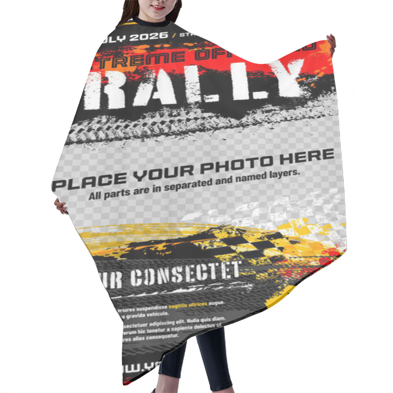 Personality  Grungy Background With Abstract Tire Tracks, Chess Flag And Place For Your Photo And Text - Off-road Rally Poster Template. Vector Illustration. Hair Cutting Cape