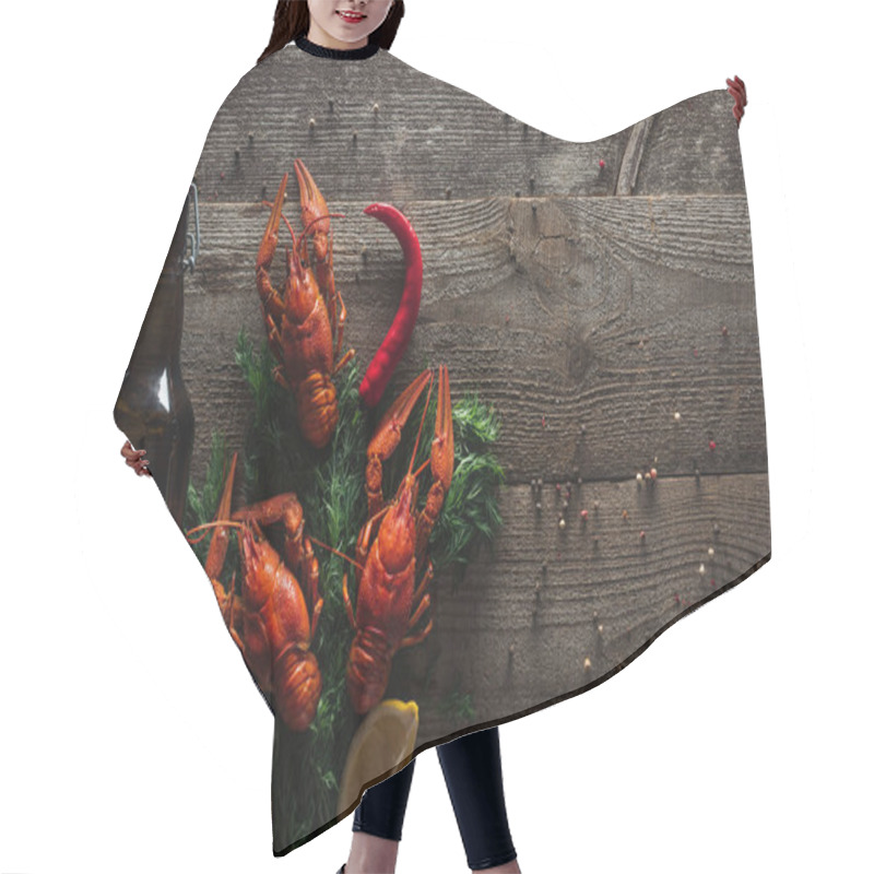 Personality  Top View Of Red Lobsters, Lemon Slices And Dill On Wooden Surface Hair Cutting Cape