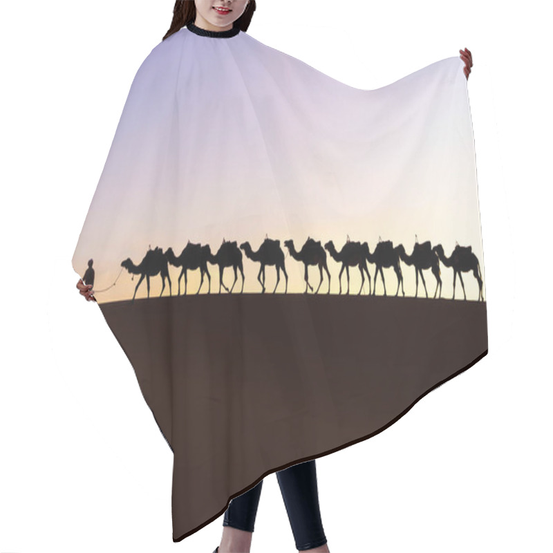 Personality  Sunrise Silhouette Of Camels And Handler, In The Sand Dunes Of Merzouga, The Sahara Desert, Morocco Hair Cutting Cape