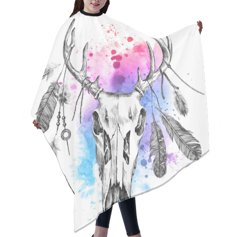 Personality  Illustration With Deer Scull And Feathers Hair Cutting Cape