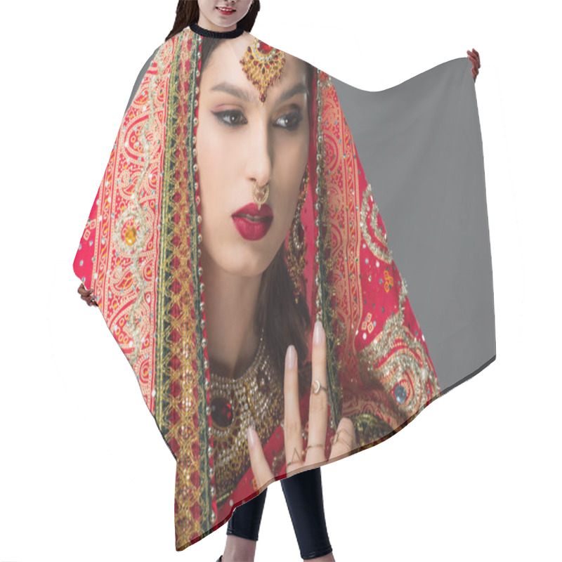 Personality  Attractive Indian Woman Posing In Traditional Sari And Accessories, Isolated On Grey  Hair Cutting Cape