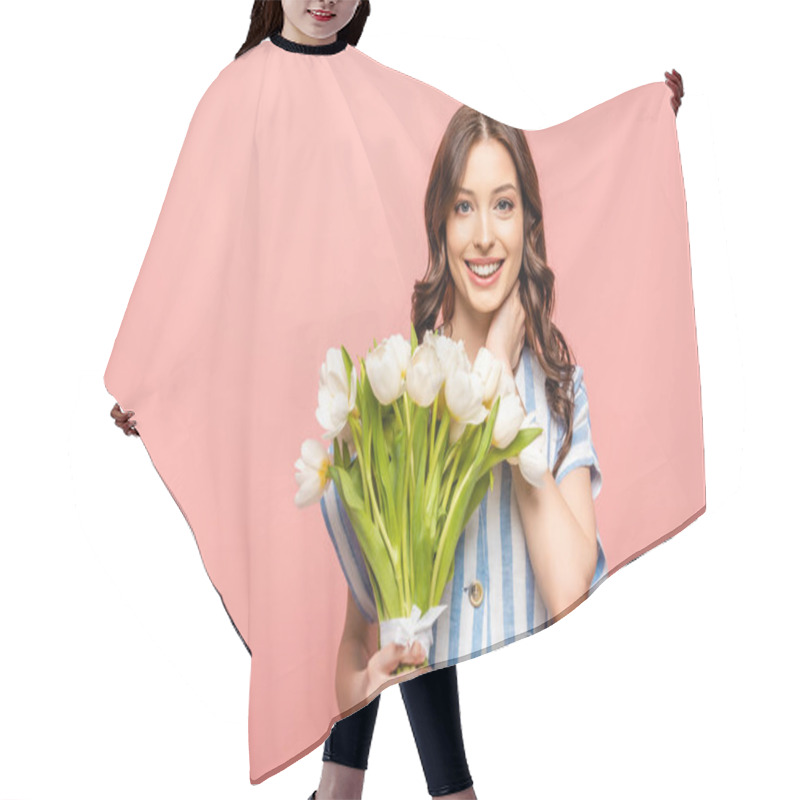 Personality  Happy Girl Touching Neck While Holding Bouquet Of White Tulips And Smiling At Camera Isolated On Pink Hair Cutting Cape