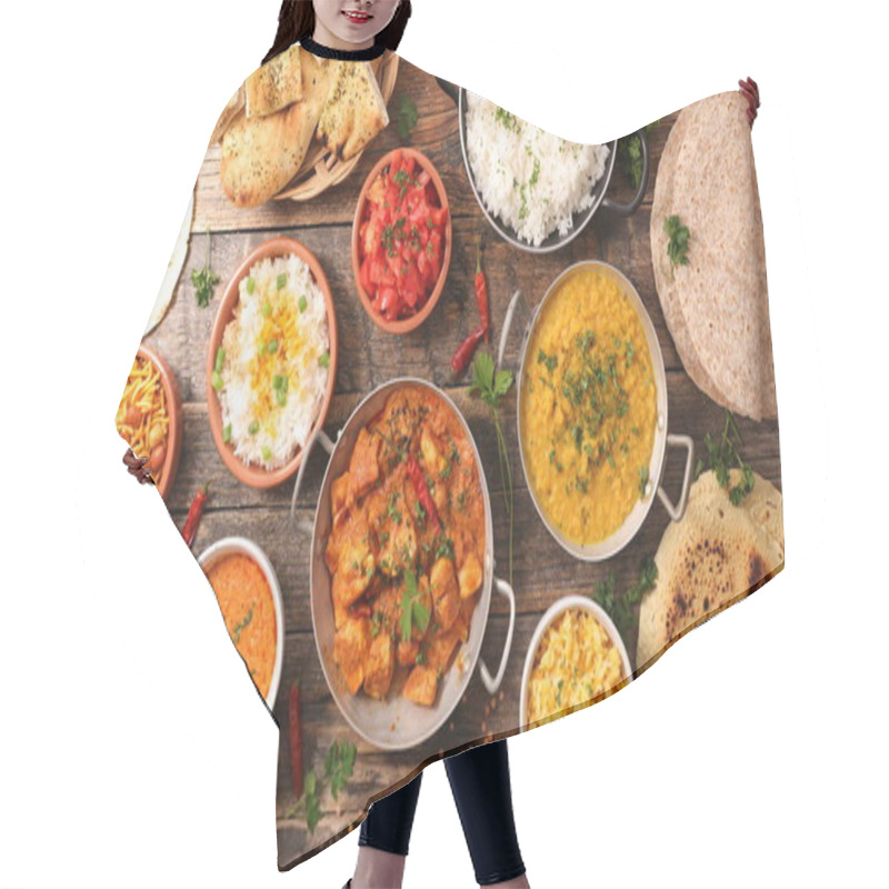 Personality  Assorted Indian Food On Wooden Background Hair Cutting Cape