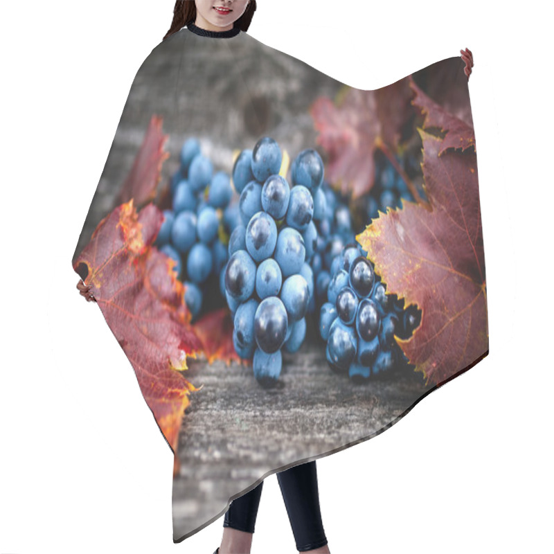 Personality  Ripe Grapes On Autumn Harvest At Vineyard With Leaves And Dark, Wooden Background Hair Cutting Cape