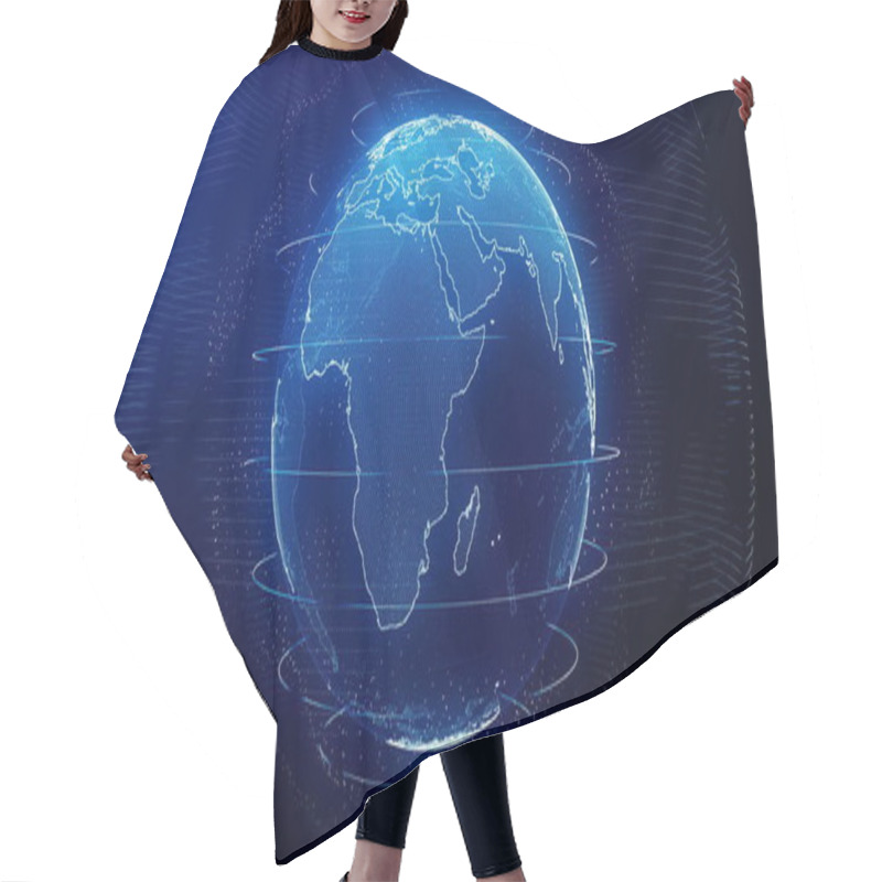 Personality  Futuristic Blue Digital Earth Europe Skyline. Global Data Network Around Planet In Modern Age. Worldwide Internet And Blockchain. Technology, Connectivity, Science And Business Concept 3D Render Hair Cutting Cape