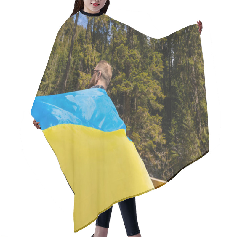 Personality  Man Holding Ukrainian Flag In Green Forest  Hair Cutting Cape