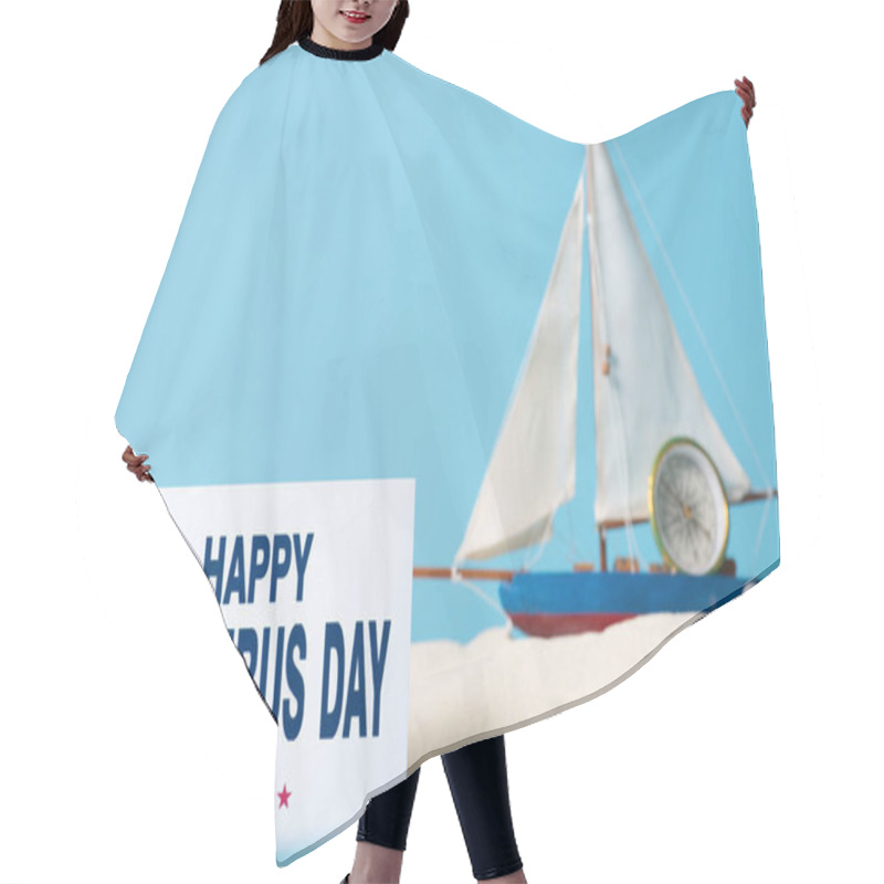 Personality  Card With Happy Columbus Day Inscription Near Miniature Ship In White Sand Isolated On Blue Hair Cutting Cape