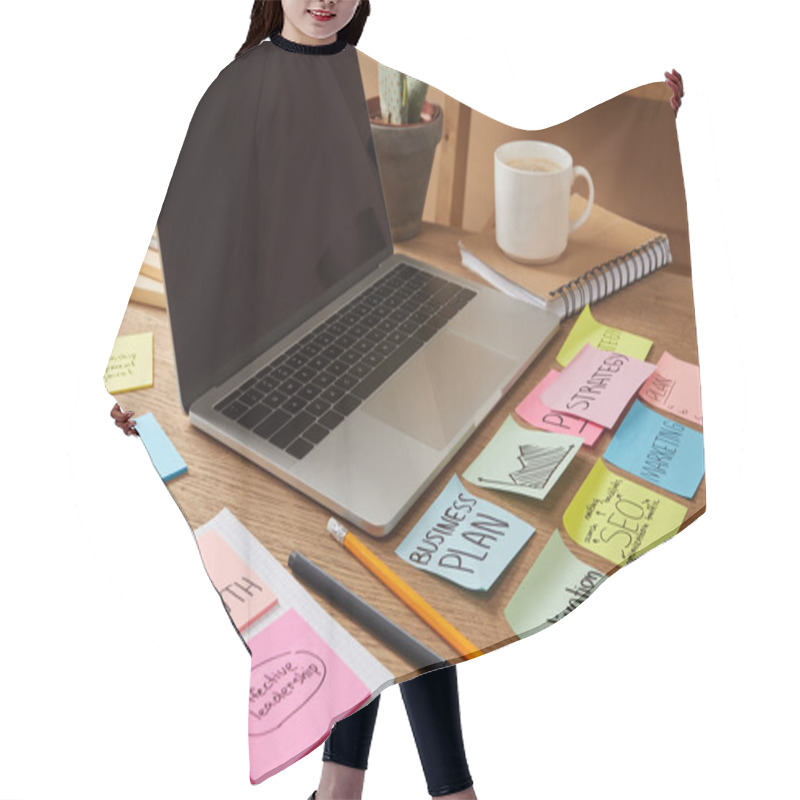 Personality  Laptop With Blank Screen And Paper Stickers With Business Plan On Tabletop Hair Cutting Cape