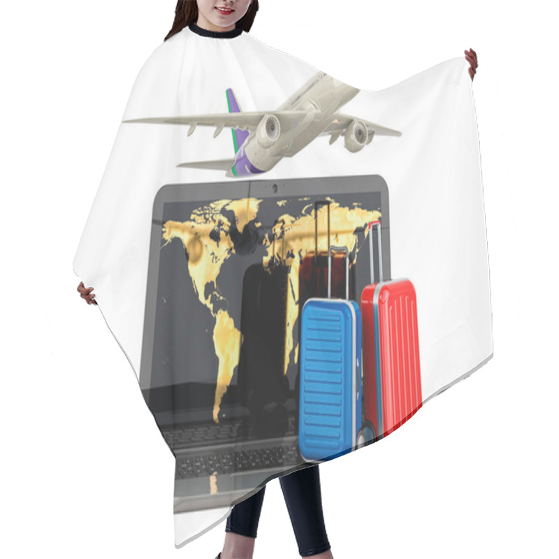 Personality  Laptop With Airplane And Suitcases. Global Air Travel, Concept. 3D Rendering Isolated On White Background Hair Cutting Cape