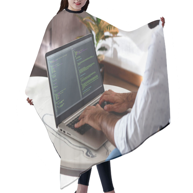 Personality  Developer Programmer Writing Html Javascript Code In A Laptop. Hair Cutting Cape