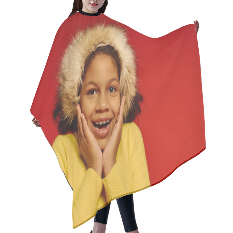 Personality  A Cheerful Little Girl Dressed In Yellow Embraces The Joy Of Christmas 2025 With Delight. Hair Cutting Cape