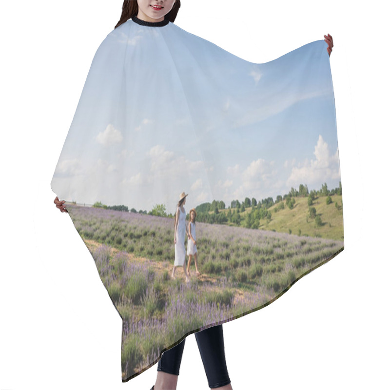 Personality  Woman And Girl In White Dresses And Straw Hats Walking In Flowering Meadow Under Blue Sky Hair Cutting Cape